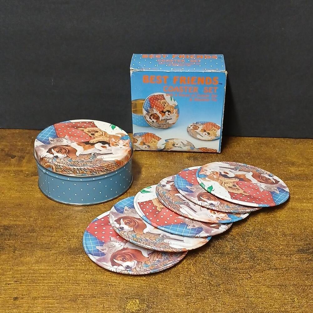 Vintage Dog & Cat 6 Piece Coaster Set  w/ Matching Tin Item No 5933